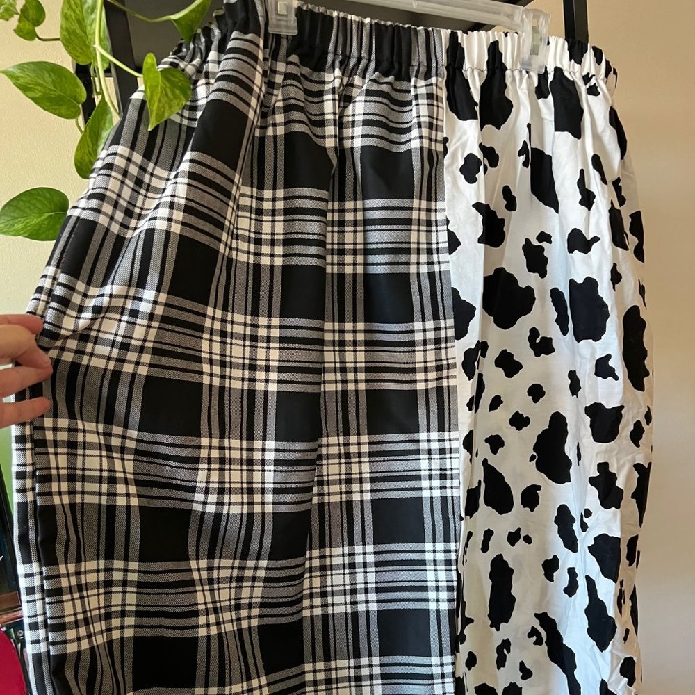 My Poor Purse Custom Cow Print/Black Plaid Split Midi Skirt - SEE MEASUREMENTS